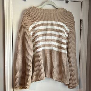 GAP Taupe & White Striped Ribbed Crew Sweater